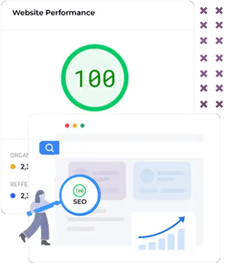 Illustration of a person holding a magnifying glass in front of a search engine results page, with an upward-trending graph icon, representing SEO and website performance.