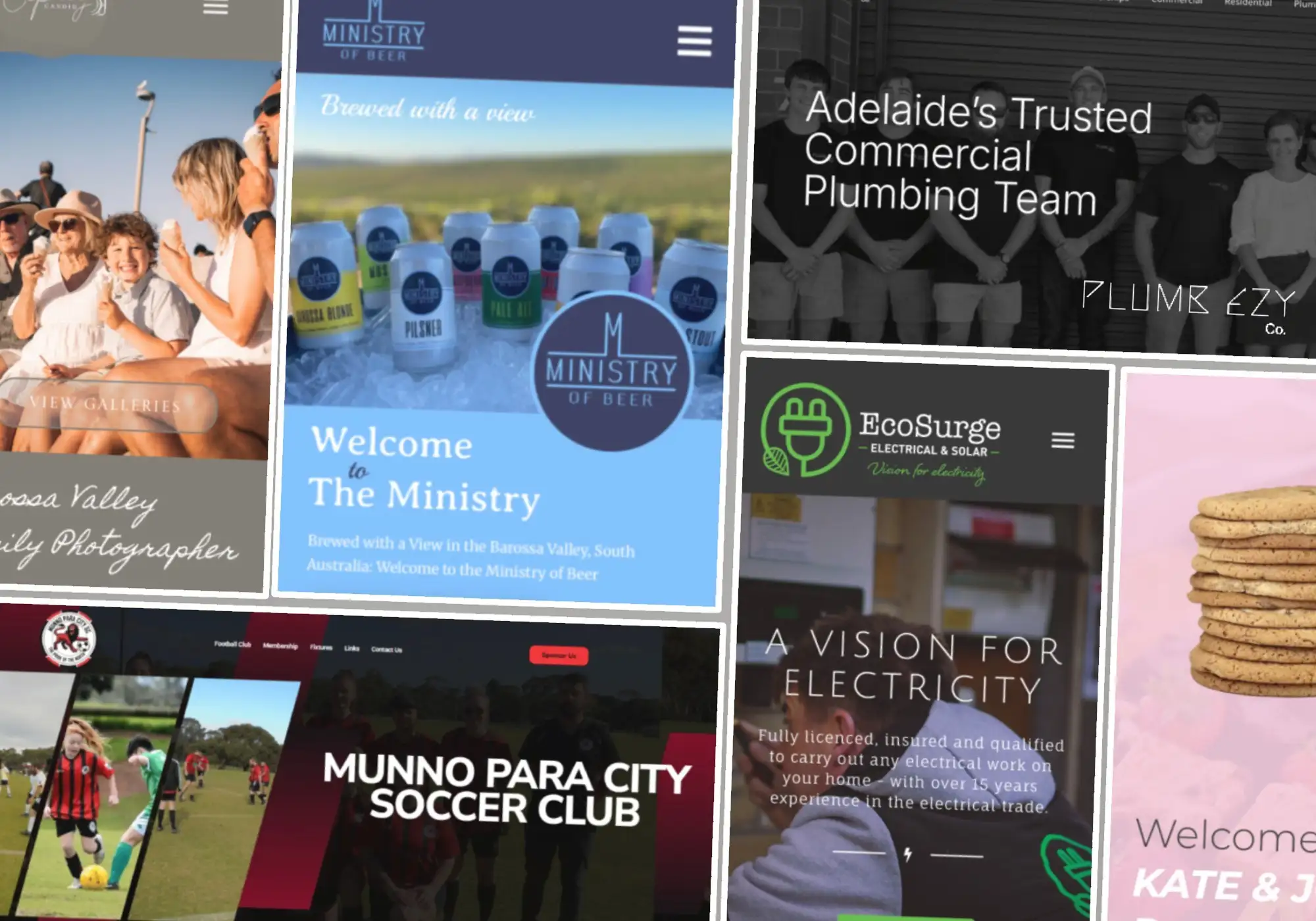 Square Collage of website designs created by Clickable Web Co for Adelaide and Barossa clients including Ministry of Beer, Plumb Ezy Co, EcoSurge Electrical & Solar, Munno Para City Soccer Club and more.