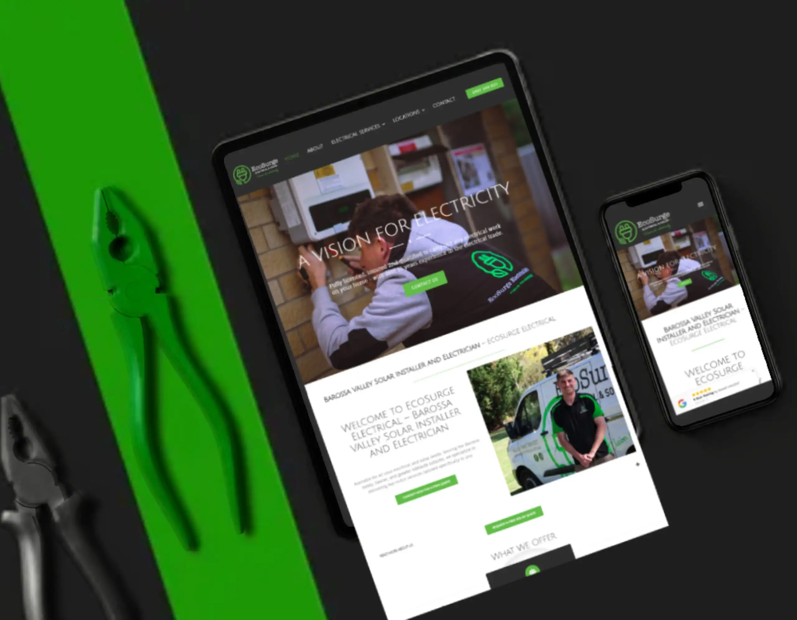 Tablet and smartphone displaying the EcoSurge Electrical & Solar website, shown alongside green electrical pliers on a black and green background.