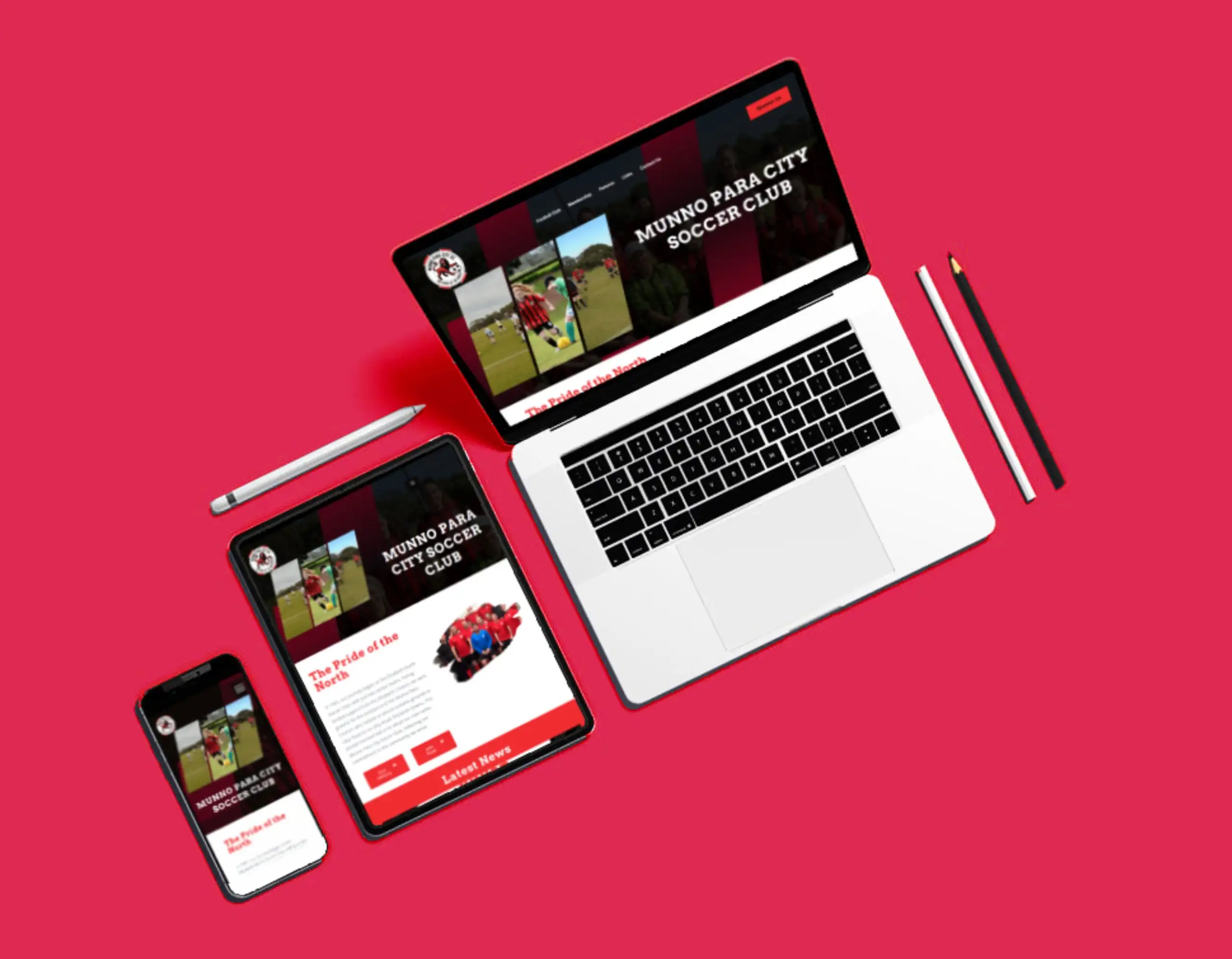 Laptop, tablet, and smartphone displaying the Munno Para City Soccer Club website on a bright red background, showing a responsive sports club design.