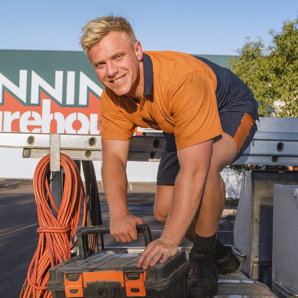 Tradesperson loading a toolbox onto a vehicle at a Bunnings Warehouse carpark. Websites for Adelaide Tradie's