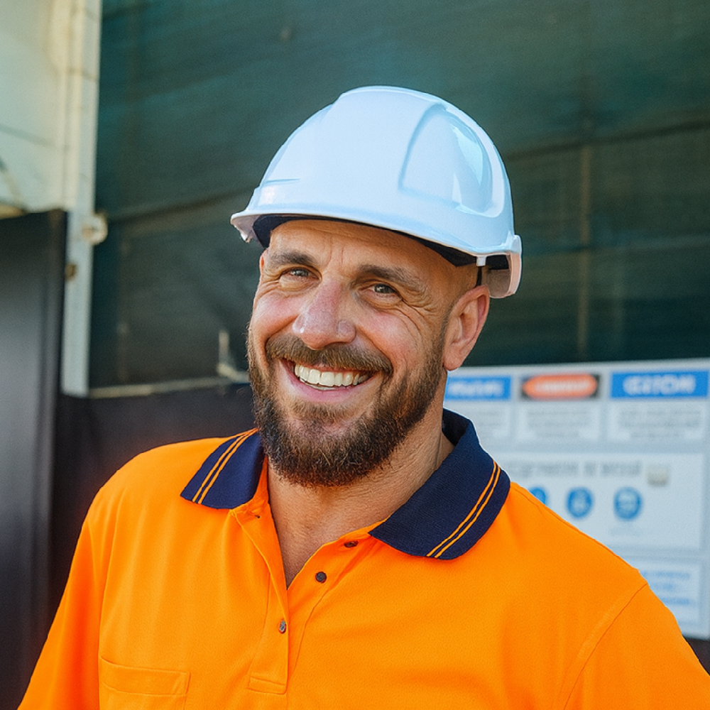 Construction worker wearing hi‑vis and hard hat on site signage backdrop. Looking for a Tradie website in Adelaide? Contact Clickable