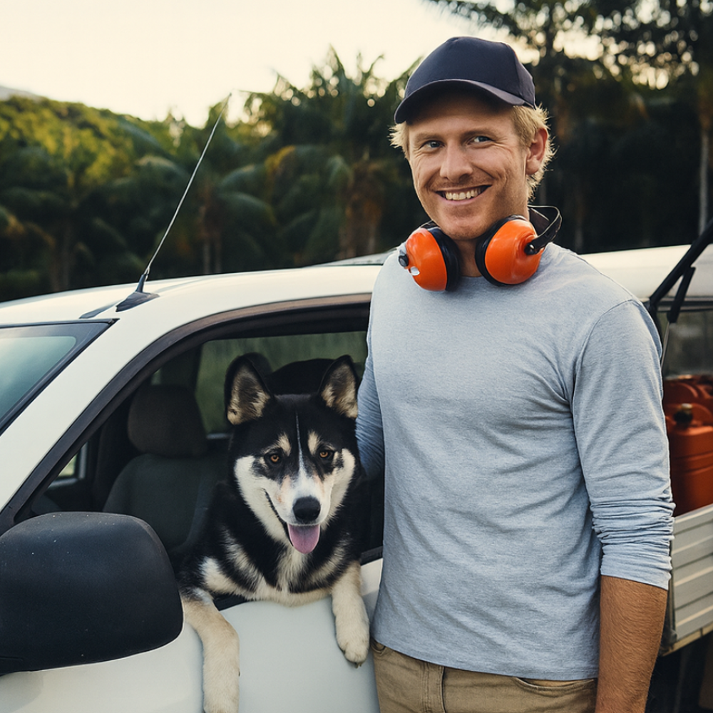 Tradie standing by a ute with a friendly husky, ready for site work in the Barossa.