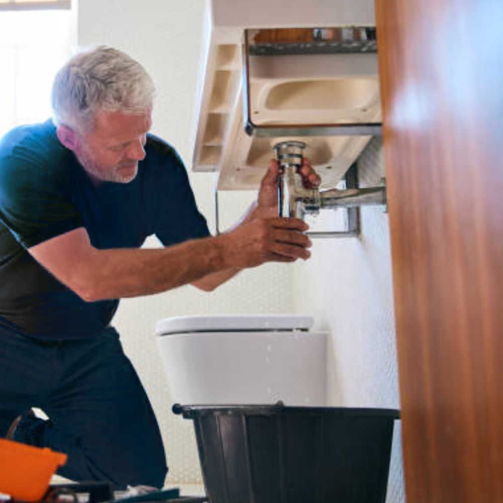 Plumber repairing an undersink drain pipe with tools and bucket underneath.