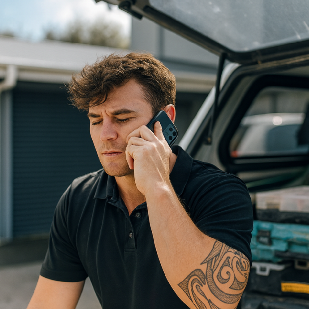 Tradesman taking a phone call beside a work vehicle with tools.