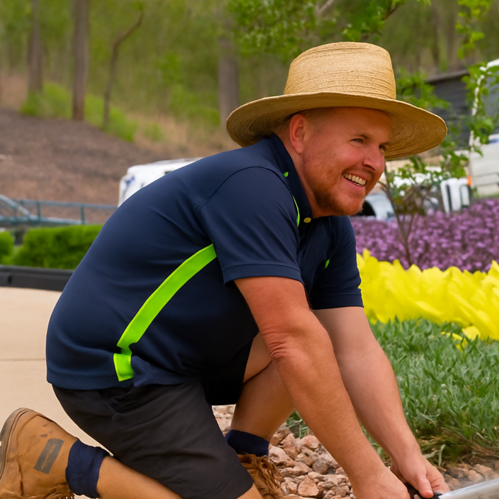 Landscaper kneeling to install sprinkler in a suburban front yard.
