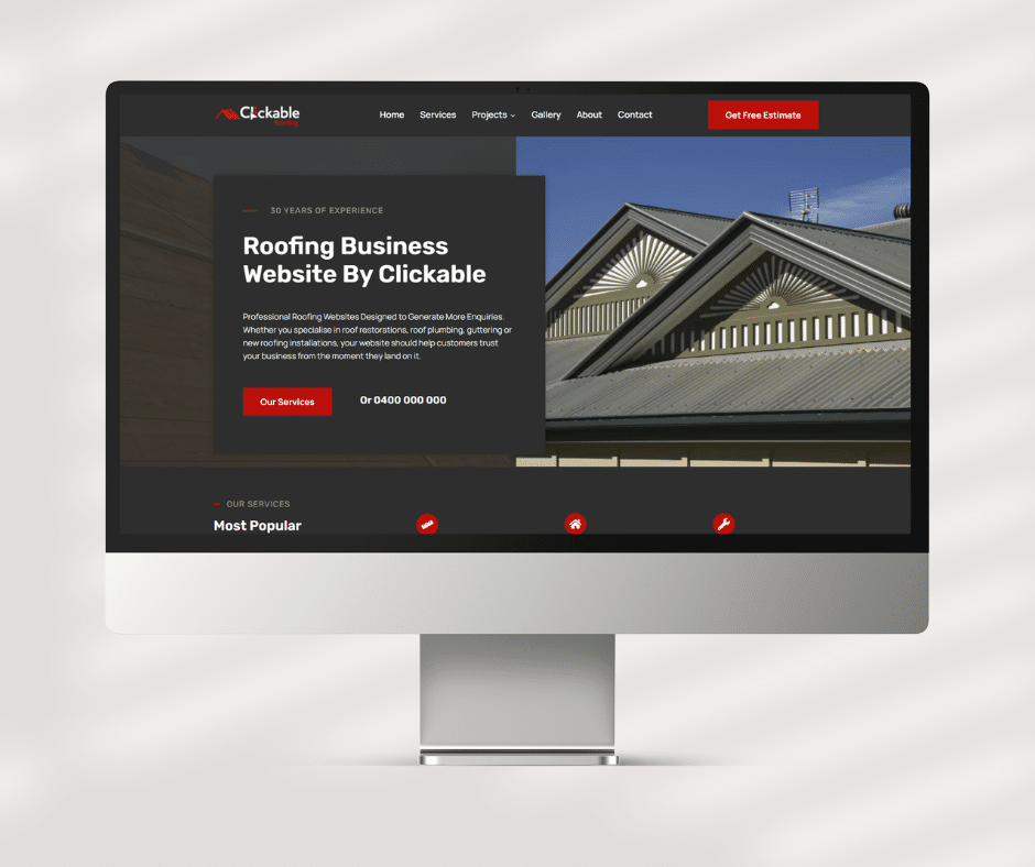 Roofing website design preview on desktop computer for Adelaide roofing business – Website in a Week